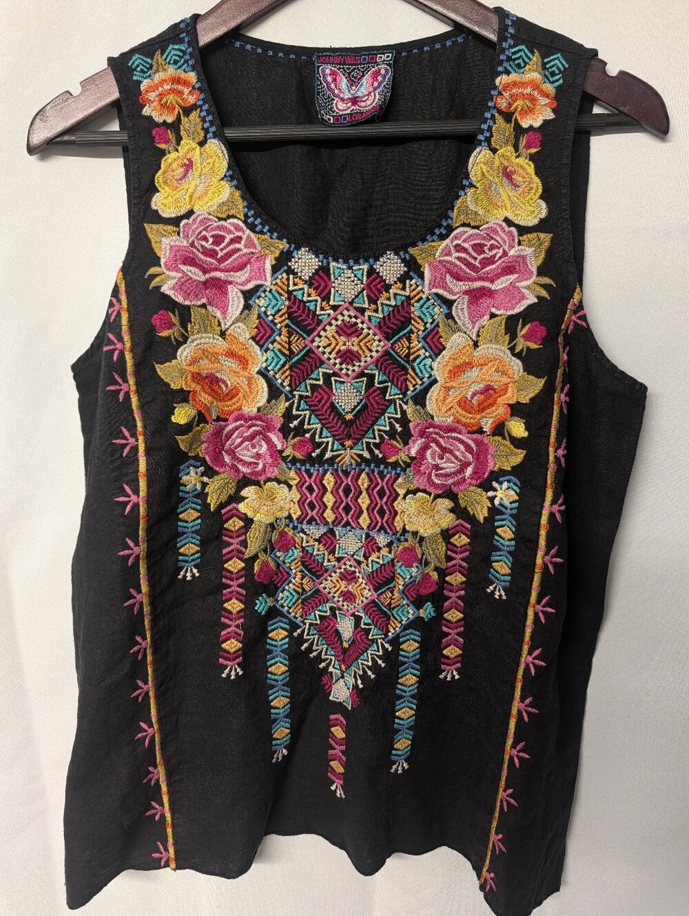 Johnny Was Black Linen Tank Top w/ Multicolor Floral & Geometric Embroidery NWOT